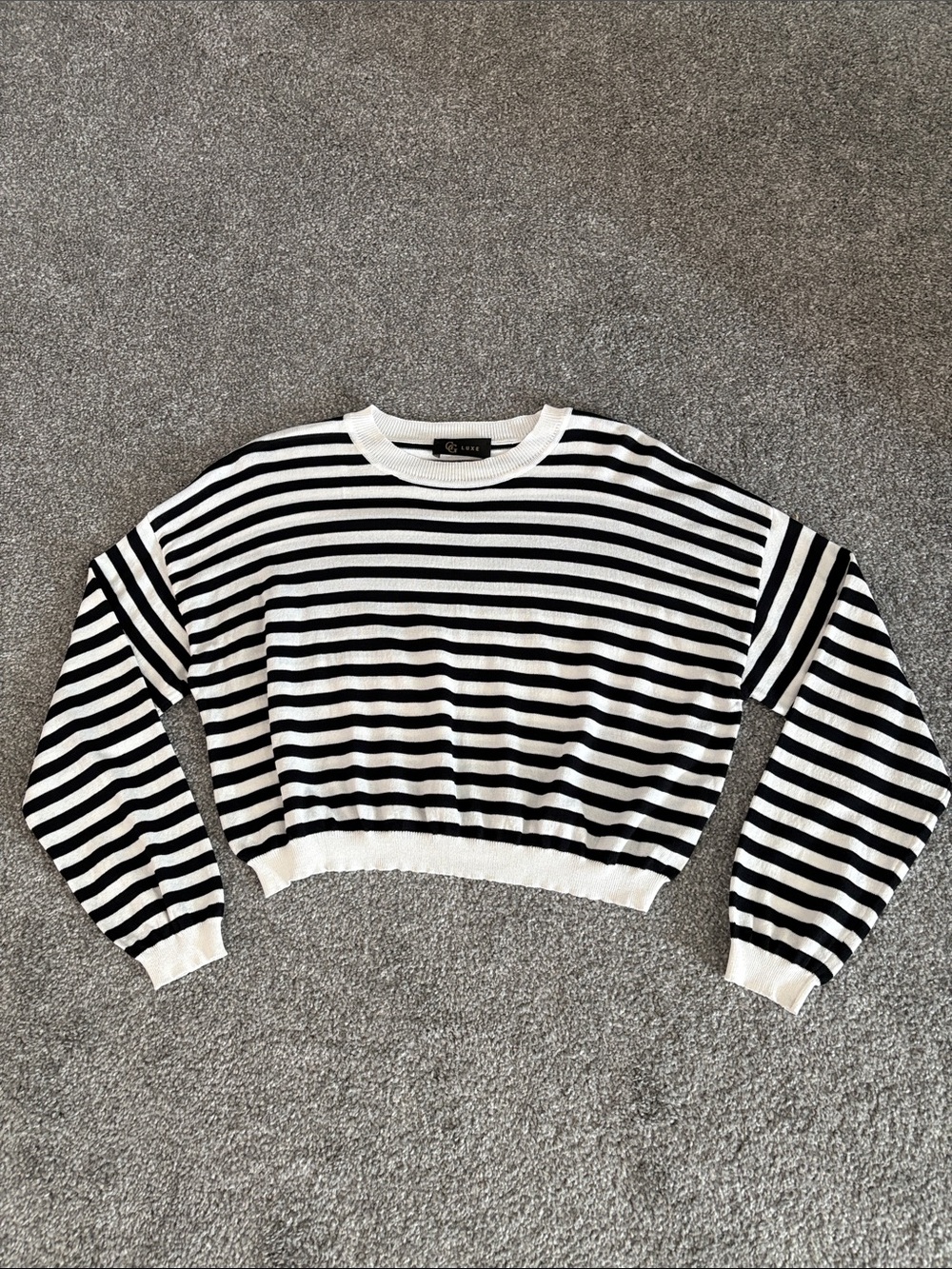 Luxe Black & White Striped Cropped Knit Pullover